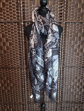 Black and Gray Floral Pattern Lightweight Silk Scarf